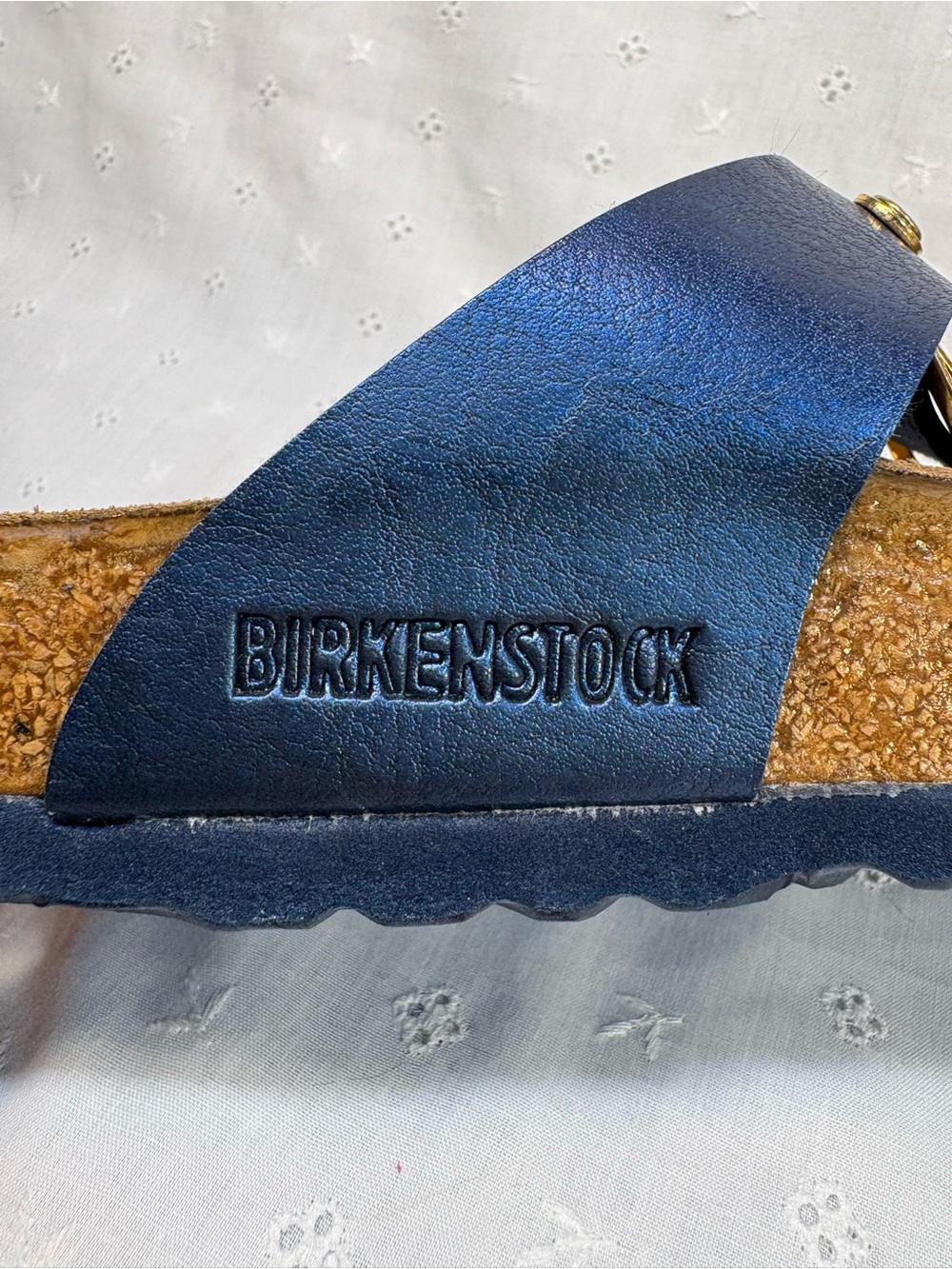 Birkenstock Navy Metalic T-Strap Sandals with Gold Metal Fringe Accents - Picture 6 of 8